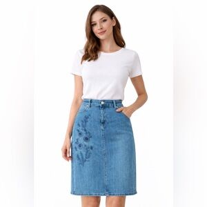 Talbots Skirt Blue Embroidered Denim Jean 6P